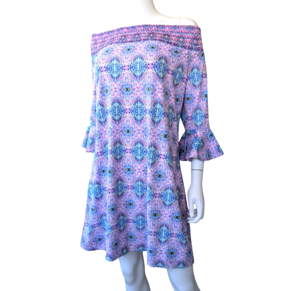 Cabana Life One-Shoulder Purple & Blue Patterned Shift Dress